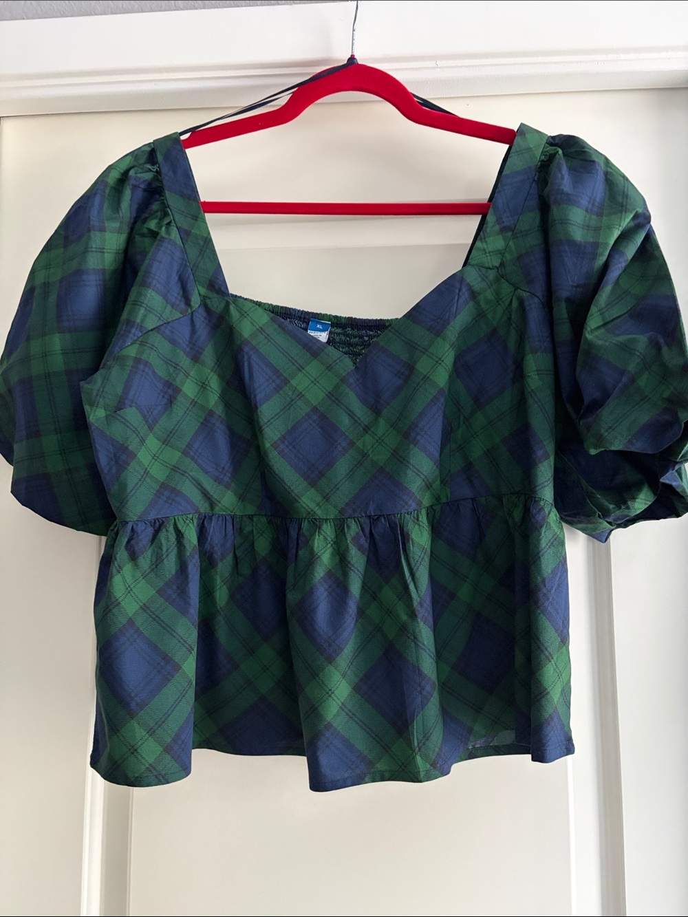 Old Navy Green & Navy Plaid Puff-Sleeve Peplum Top